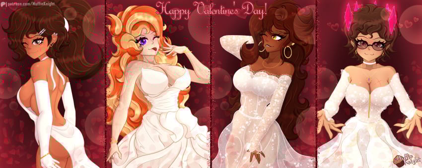 4girls april_(muffinknight) artist_self-insert ass ass_focus athletic_body athletic_female auburn_hair back_view backless_dress bicep_gloves black_lipstick blonde_hair blush brown_hair cleavage crystals dark-skinned_female dark_skin detached_sleeves floating_crystals freckles freckles_all_over freckles_on_breasts freckles_on_face ginger ginger_female green_eyes heart hoop_earrings hourglass_figure lacy_dress large_ass large_breasts lipstick long-sleeved_dress long_hair long_sleeves looking_at_viewer looking_over_shoulder mole mole_on_breast mole_on_face mole_under_eye moon_symbol muffin_(muffinknight) muffinknight orange_hair pale-skinned_female pale_skin patreon patreon_username perky_ass ponytail purple_eyes reaching_out reaching_towards_viewer red_background red_eyes rose_petals roxy_(muffinknight) scar scar_on_breast scar_on_face short_hair shoulderless_dress sideboob simple_background smiling smiling_at_viewer star_(muffinknight) strapless_dress streaked_hair symbols_on_clothing symbols_on_dress tan_skin tattoo tattoo_on_face valentine's_day wedding_band wedding_dress wedding_ring white_dress wide_hips wink winking winking_at_viewer yellow_eyes