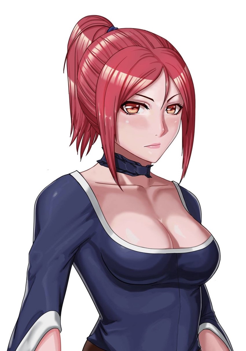 alaine_frynia breasts breasts_out cleavage curvy female game_cg looking_at_viewer marlex nude ponytail red_eyes red_hair solo solo_focus upper_body vampire vampires_dawn white_background