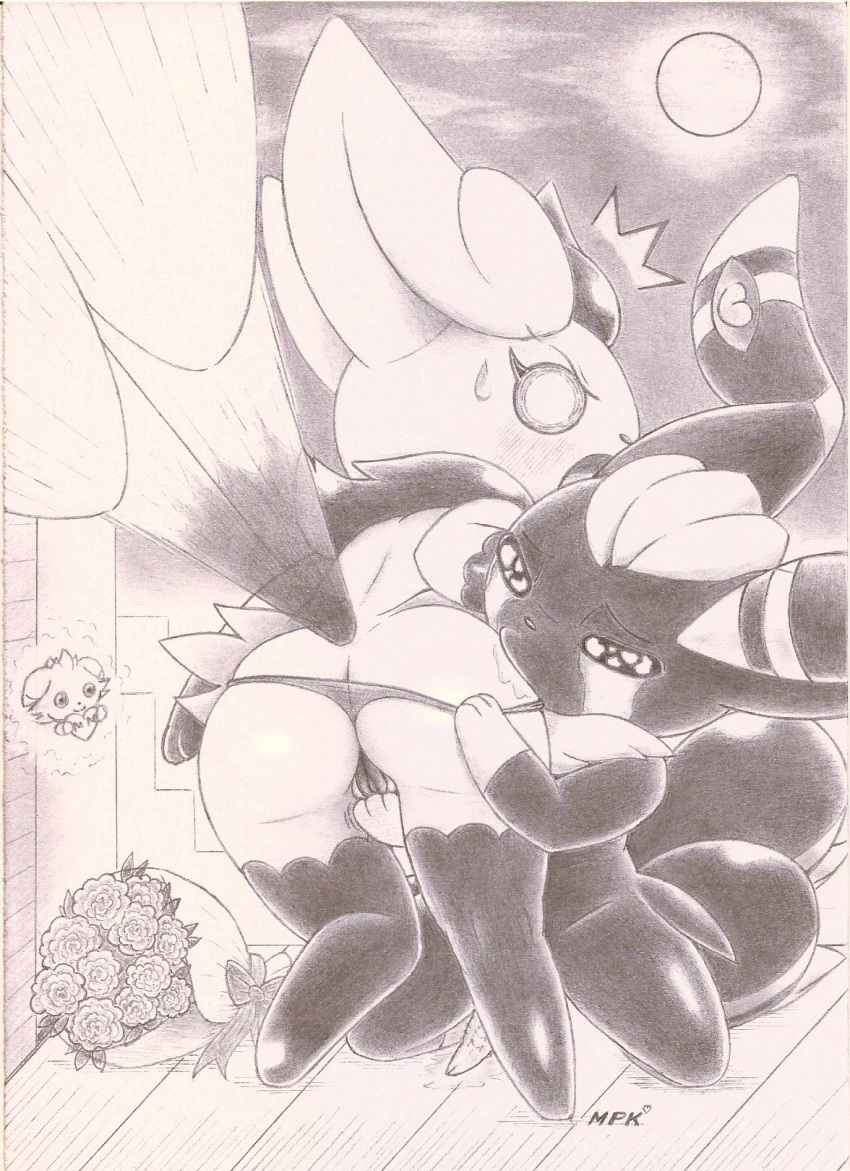 angry bodily_fluids crying espurr flower fullfolka fur genitals hair hi_res male_meowstic markings meowstic monochrome multi_tail nintendo plant pokémon_(species) pokemon pussy semi-anthro signature sitting sky standing sun tears touching_pussy traditional_media_(artwork) tuft video_games