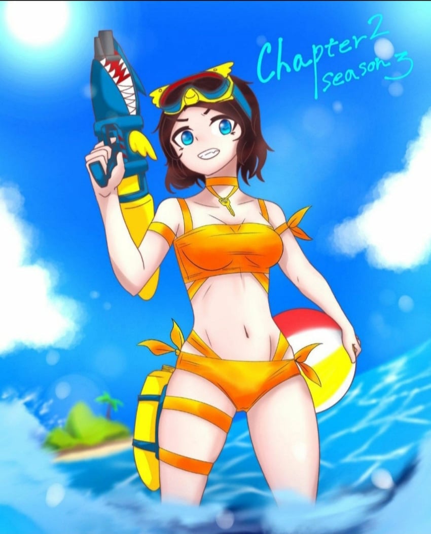 ball beach beach_ball beachball bikini blue_eyes brown_hair choke_collar choker female fortnite short_hair skye_(fortnite) swimsuit tagme water