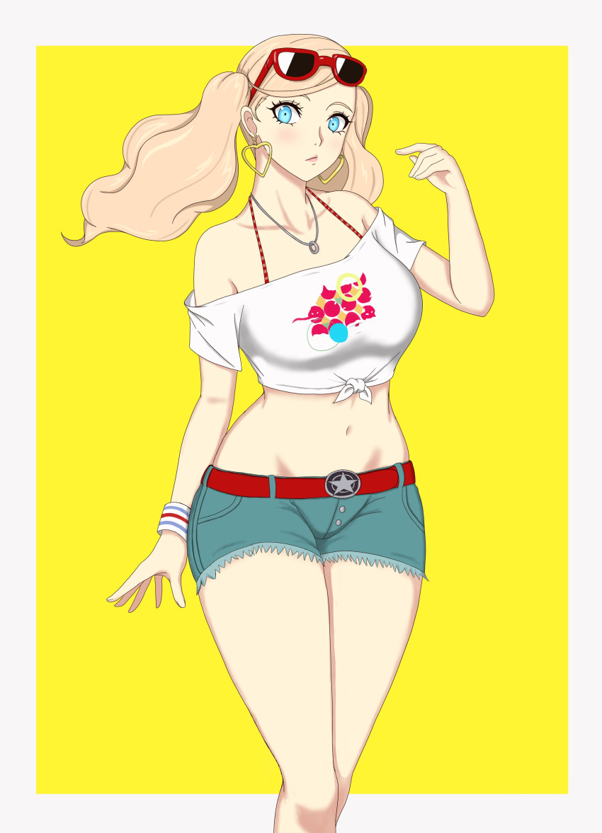 ann_takamaki big_ass big_breasts bikini blonde_hair blue_eyes booty_shorts breasts cleavage eyewear_on_head fat_ass large_breasts nahone_peko persona persona_5 sunglasses sunglasses_on_head swimsuit teenager thick_thighs thin_waist tongue twintails wide_hips