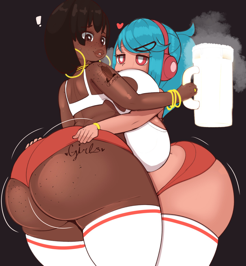 2girls absurdres ass big_breasts breasts dark-skinned_female dark_skin female female_only fladdy fladdykin highres huge_ass large_breasts multiple_girls