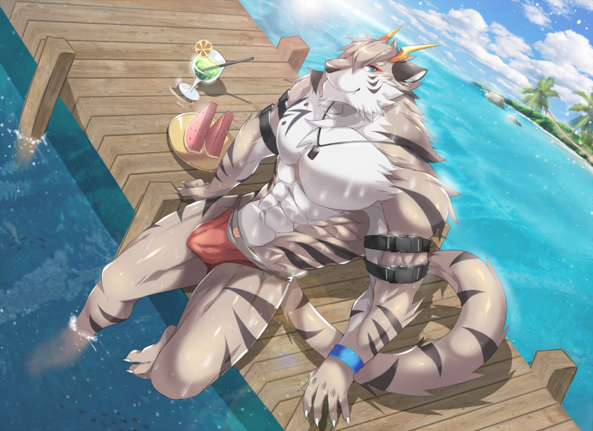 anthro armband blue_eyes blue_wristband brown_body brown_fur bulge cheek_tuft chest_tuft claws clothing cloud cup day detailed_background ears_back facial_tuft fangs felid feline finger_claws fur kemono long_tail looking_at_viewer male male_only mammal muscular muscular_male noraneko noranekocat outside palm_tree partially_submerged pier pivoted_ears plate shaded shadow sitting sky smile solo speedo stripes swimwear toe_claws tree tuft water watermelon_slice white_claws wristband