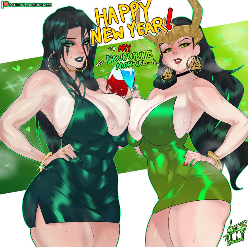 2girls black_eyeliner blush breasts breasts_focus breasts_to_breasts champagne champagne_glass cleavage cleavage_overflow dark_green_hair dress english english_text eyeshadow female female_only good_boy green_eyeshadow green_lipstick green_makeup hand_on_hip happy_new_year happy_new_year_2026 headdress heart-shaped_pupils hela hela_(marvel_rivals) hi_res highres hoop_earrings hoop_earrings_oversized huge_breasts lady_loki lady_loki_(marvel_rivals) lipstick long_hair looking_at_viewer makeup marvel marvel_comics marvel_rivals mole_on_breast overflowing_breasts red_lipstick rule_63 shinda292 short_dress sweat sweaty tagme text thick_thighs wine wine_glass