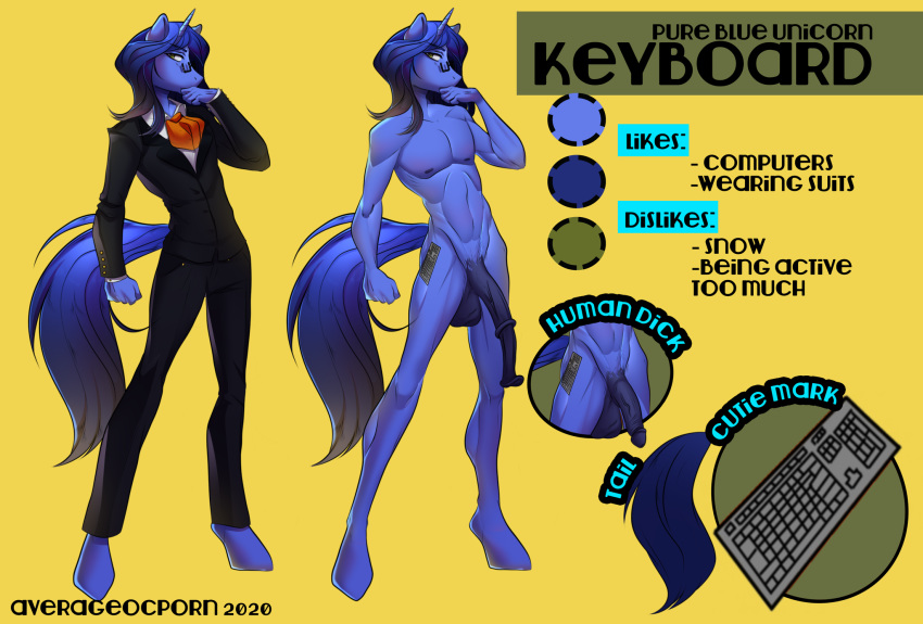 1boy anthro averageocporn big_penis blue_body english_text eyewear fan_character flaccid furry glasses hooves horsecock huge_cock large_penis male male_only model_sheet my_little_pony nude penis simple_background solo suit text unicorn