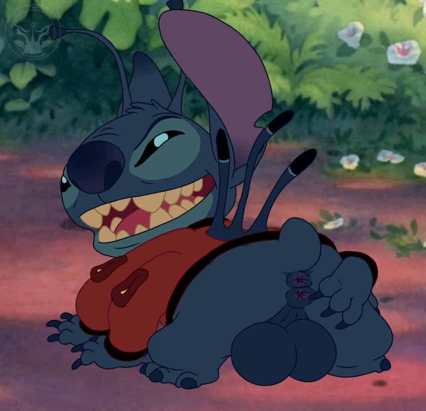 2_anuses 4_arms alien antennae_(anatomy) anus ass balls big_ears big_nose black_eyes blue_balls blue_body blue_fur bottomless clothed clothing disney experiment_(lilo_and_stitch) feral fur genitals grin hi_res lilo_and_stitch looking_at_viewer looking_back male male_only monocerus multi_anus multi_arm multi_limb open_mouth outside paws presenting presenting_anus presenting_hindquarters screencap screencap_background smile solo spines spread_butt spreading stitch watermark