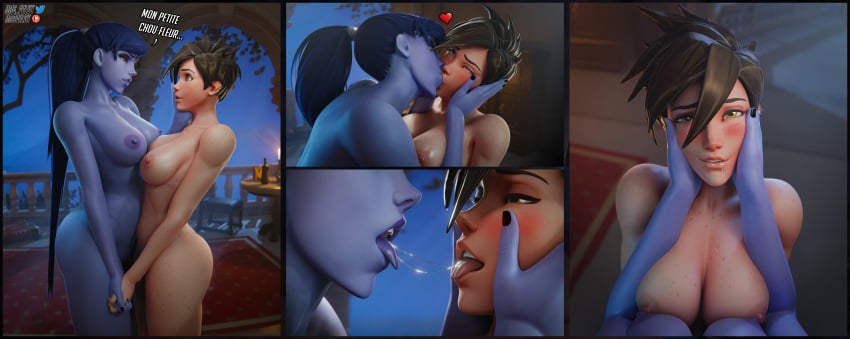 2girls 3d after_kiss blender blizzard_entertainment blush comic female female_only french_text handholding hasfeldt holding_face kissing overwatch overwatch_2 pov saliva saliva_ saliva_string tagme text tracer widowmaker yuri