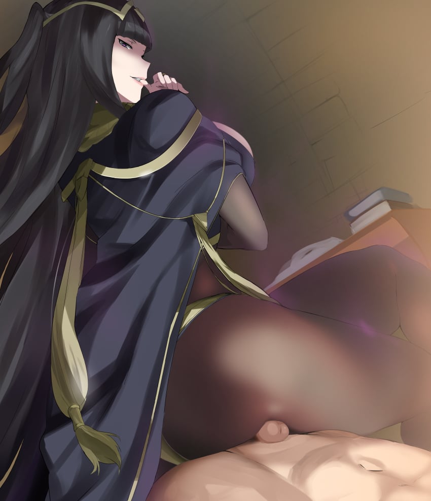 ass big_ass big_breasts black_hair blunt_bangs bodystocking buttjob cafekun female femdom fire_emblem fire_emblem_awakening long_hair male malesub nintendo pantyhose sitting_on_penis sitting_on_person straight tharja_(fire_emblem) thick_thighs tip_peeking uncensored