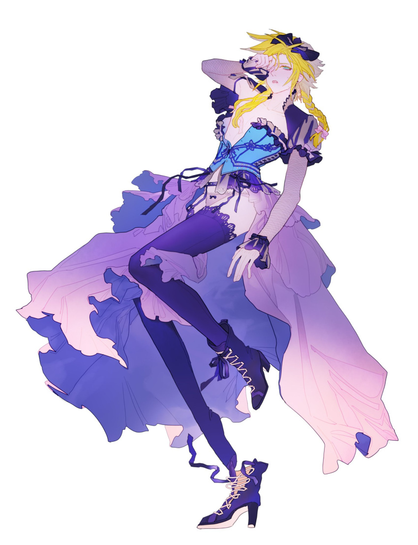 blonde_hair braid cloud_strife crossdressing dress femboy final_fantasy final_fantasy_vii high_heels male_only malesub nipples panties pigtails sissy solo stockings thighhighs thunder_head