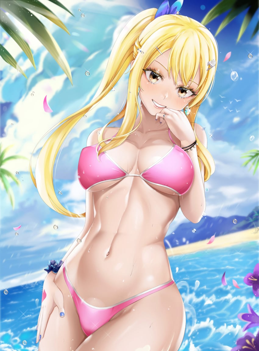 1girls abs akaisu beach bikini bikini_bottom bikini_top blonde_hair blue_nail_polish blue_nails bra bracelet brown_eyes cleavage fairy_tail female female_only hairclip lipstick looking_at_viewer lucy_heartfilia nail_polish nature ocean outdoors outside pale-skinned_female pale_skin panties pink_bikini pink_bra pink_lips pink_lipstick pink_thong ponytail pose posing ring smile smirk solo solo_female solo_focus standing swimsuit tattoo thick_penis thick_thighs thong tied_hair underboob voluptuous wide_eyed