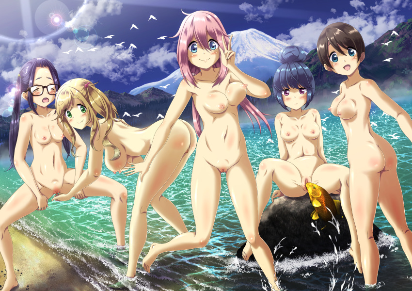 5girls absurdres ass beach bird blonde_hair blue_eyes blue_hair blush bouncing_breasts breasts brown_hair closed_eyes cloud eyebrows feet fingering fish flying forehead forest glasses green_eyes hair_bobbles hair_bun hair_ornament hanging_breasts highres hotohori_rushia huge_filesize inuyama_aoi kagamihara_nadeshiko lake large_breasts lens_flare long_hair looking_at_viewer medium_breasts moaning mountain multiple_girls nature navel nipples nude oogaki_chiaki open_mouth outdoors pink_hair purple_eyes purple_hair pussy saitou_ena sand shima_rin sitting_on_rock skin_fang skinny_dipping sky smile spread_legs sunlight tree twintails twisted_torso unaligned_breasts v water yuri yurucamp