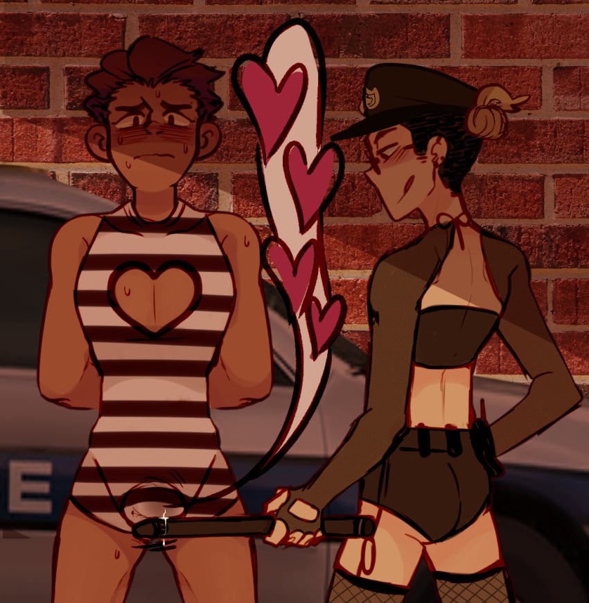 <3 2016 blush bulge cum_drip darren_(skaroy) femboy femboydom fishnets garrett_(skaroy) gay glasses hands_behind_back heart_cutout police_baton police_hat prison_clothes roleplay short_shorts skaroy skimpy sweat tongue_out worried yaoi