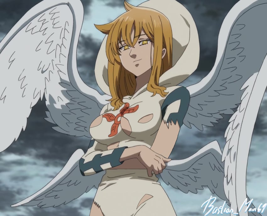 bastion_main69 blonde_hair edit nanatsu_no_taizai sariel_(the_seven_heavenly_virtues) seven_deadly_sins solaseed torn_clothes torn_clothing wings yellow_eyes