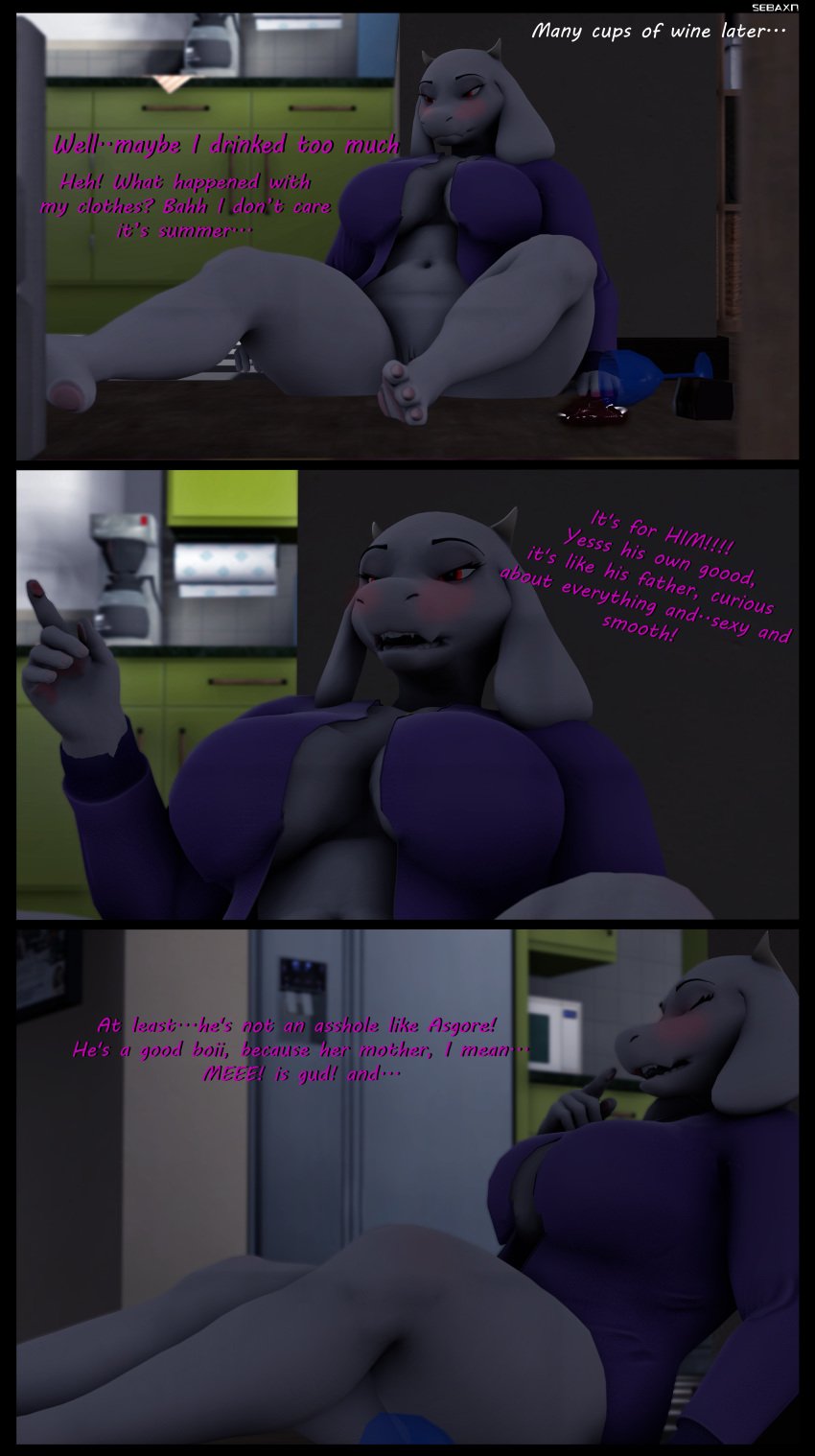 3d_(artwork) absurd_res anthro big_breasts blush boss_monster bovid breasts caprine clothing comic_page digital_media_(artwork) drunk english_text female fur genitals goat hi_res horn long_ears mammal mature_female mother nude parent pussy sebaxn solo source_filmmaker substance_intoxication text toriel undertale video_games white_body white_fur