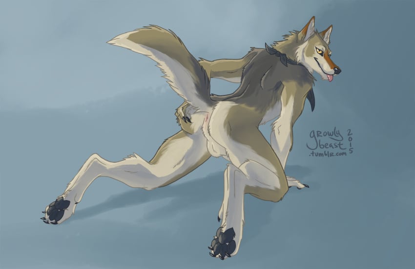 anthro ass avoid_posting canid canine canis coyote growlybeast male mammal pawpads paws raised_tail solo text url zeekerz