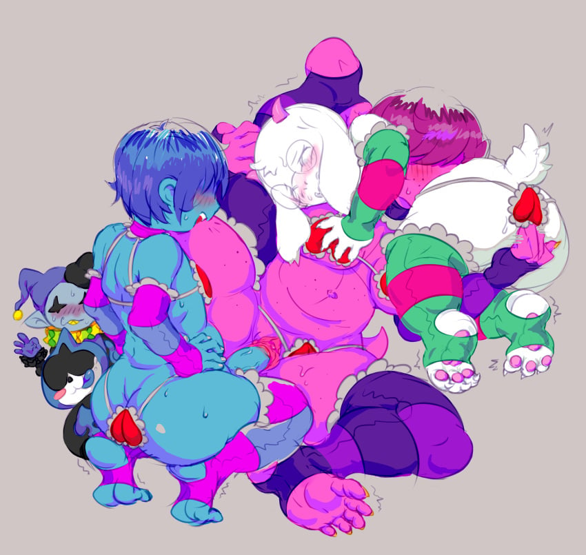 1girls 2boys anthro breast_grab deltarune fingering girly jevil_(deltarune) kris_(deltarune) lancer_(deltarune) ralsei susie_(deltarune) vaginal_penetration