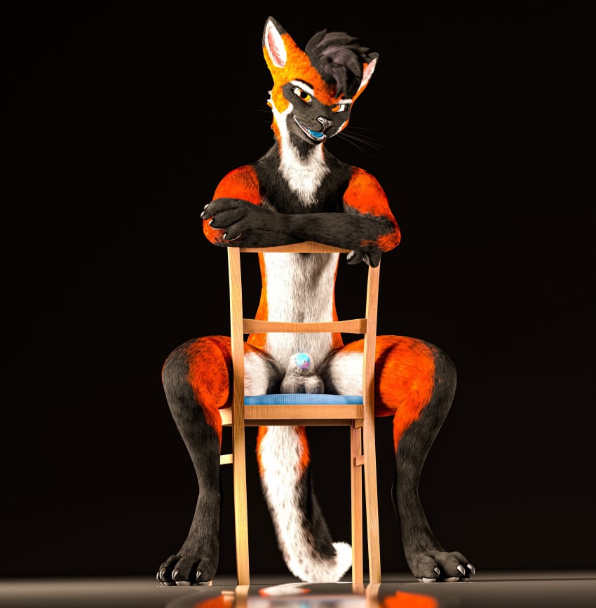 3d_(artwork) 4_toes 5_fingers absurd_res animal_genitalia animal_penis anthro balls canid canine canine_genitalia canine_penis chair digital_media_(artwork) digitigrade feet fingers fur furniture genitals half-erect hi_res kiwidox looking_at_viewer male mammal nude on_chair orange_body orange_eyes orange_fur pawpads paws penis rexouium sheath sitting sitting_on_chair smile solo solo_focus spread_legs spreading tail toes white_body white_fur