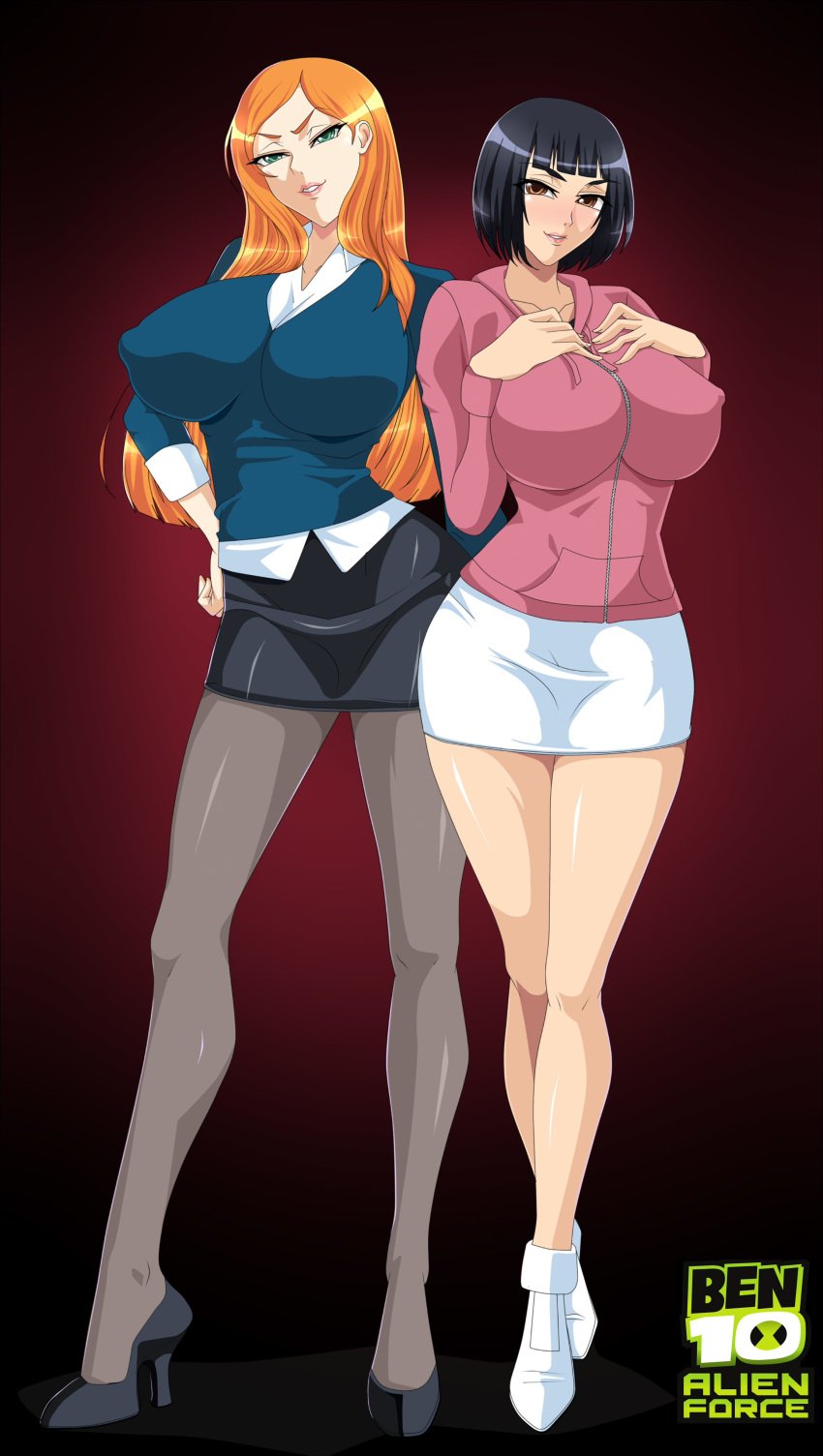 2girls alternate_breast_size ben_10 ben_10_alien_force big_breasts black_hair black_skirt breasts brown_hair clothed_female female_only green_eyes gwen_tennyson gwen_tennyson_(alien_force) high_heels huge_breasts julie_yamamoto large_breasts long_hair miniskirt nipples nipples_visible_through_clothing pencil_skirt seductive seductive_smile short_hair skirt smile stockings the-dark-knight19089 thedarknight tight_skirt white_skirt