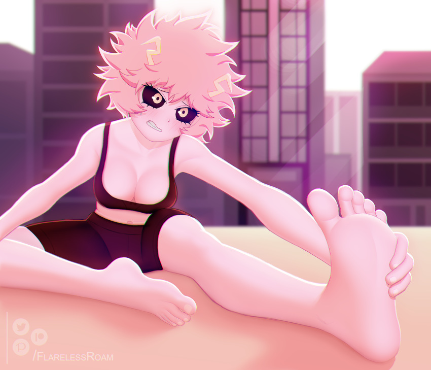 1girls 2020 2d background black_sclera blush booty_shorts cleavage feet female flareless foot_fetish foot_focus full_color gym_clothes horns leggings mina_ashido my_hero_academia nails no_penetration pink_hair pink_skin short_hair sole_female soles solo solo_female sports_bra stretching sweat toes watermark yellow_eyes