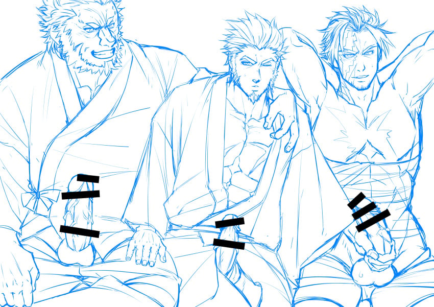 3boys 8dgc4mfc abs alternate_costume arm_around_shoulder bar_censor bara beard beowulf_(fate) blush boner censored chest erection facial_hair fate/grand_order fate_(series) goatee hand_on_another's_penis hand_on_another's_thigh handjob highres iskandar_(fate) japanese_clothes kimono long_sleeves male_focus male_masturbation male_only masturbation monochrome multiple_boys muscle napoleon_bonaparte_(fate) open_clothes open_kimono pectorals penis scar sideburns sketch testicles uncolored yaoi