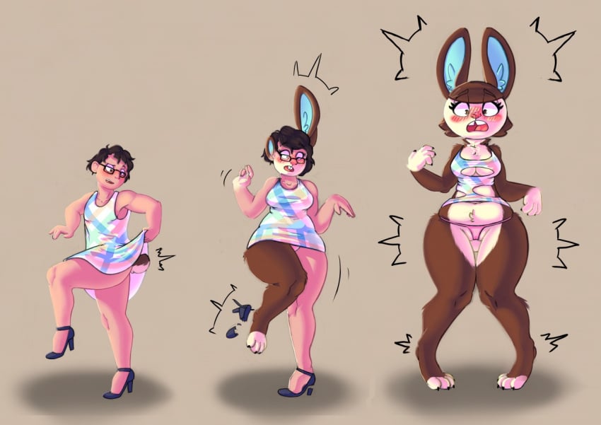 2020 animal_crossing anthro blush breast_growth breasts cameltoe carmen_(animal_crossing) clothed clothing crossdressing dascarl ear_expansion female footwear fur_growth gender_transformation high_heels human human_to_anthro lagomorph leporid mammal mtf_transformation nintendo partially_visible_vulva pigeon_toed rabbit sequence shoes simple_background solo species_transformation standing surprise tail_growth tf_into_fictional_character transformation video_games