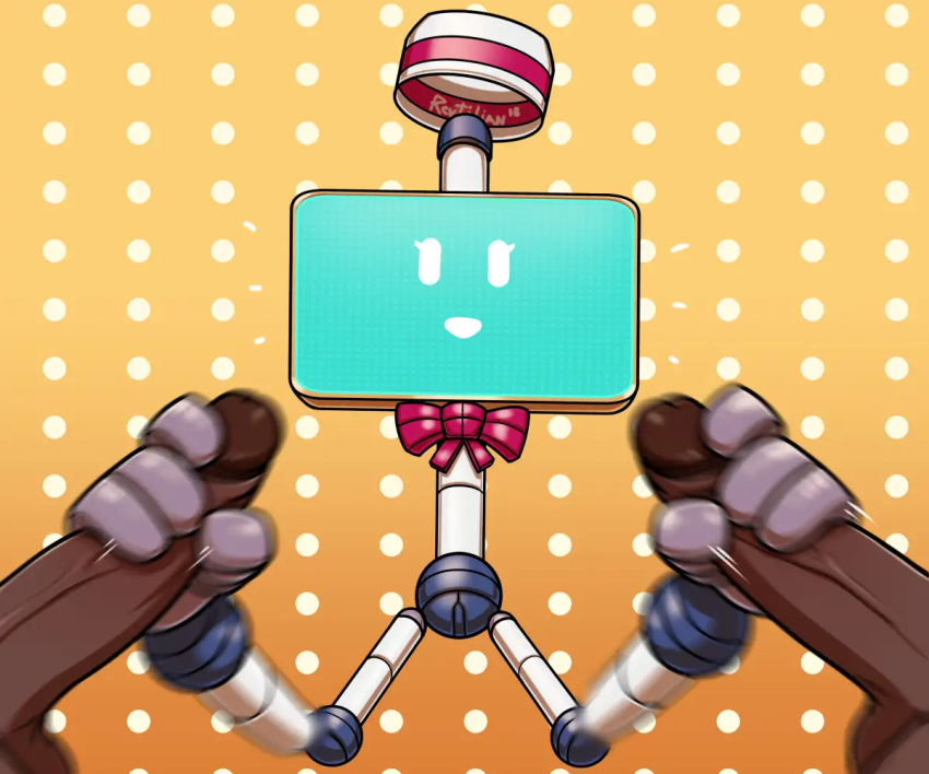 1girls 2018 2boys artist_signature dark-skinned_male dark_skin dotted_background double_handjob eyelashes female handjob happy hi_res male mob_face monita motion_blur nintendo nintendo_land penis revtilian ribbon robot screen screen_face signature yellow_background