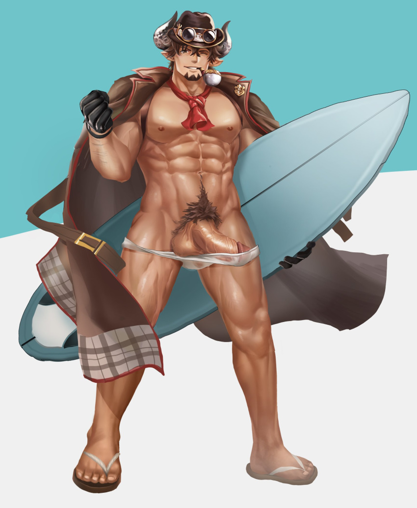 1boy abs anjingkuxiao bara barawa beard brown_eyes brown_hair chest cravat draph erection excessive_pubic_hair facial_hair full_body gloves goatee granblue_fantasy hat highres horns jacket jacket_on_shoulders looking_at_viewer male_focus male_only male_pubic_hair male_underwear manly muscle nipples pectorals penis pipe pointy_ears pubic_hair sandals simple_background smile solo surfboard testicles underwear