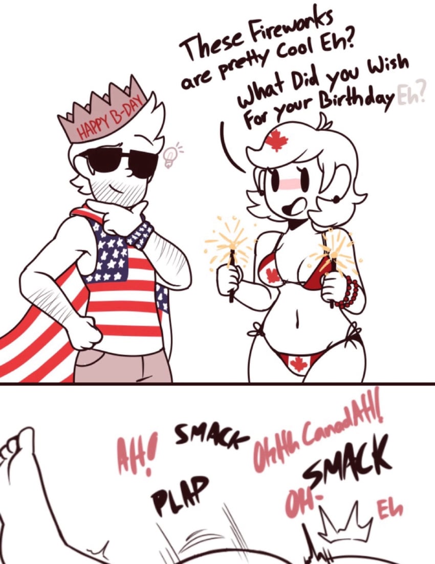 1boy 1girls america_(egobuzz) bikini breasts canada canada_(countryhumans) canada_(egobuzz) canadian_flag cape countryhumans countryhumans_girl dialogue female flag_bikini giidenuts humanized implied_sex male maple_leaf mob_face partners partners_fucking personification sparklers straight text united_states_of_america_(countryhumans)