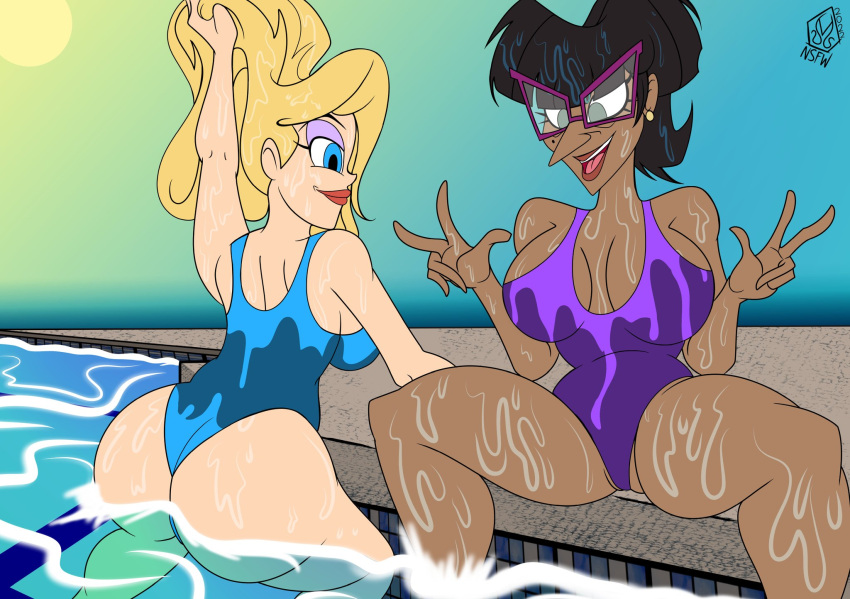 2girls animaniacs black_hair blonde_hair dark_skin hair_lift hello_nurse lipstick malevolentnsfw malevolentsamsonnsfw multiple_girls nora_rita_norita swimming_pool swimsuit swimwear wet_skin white_skin yellow_hair