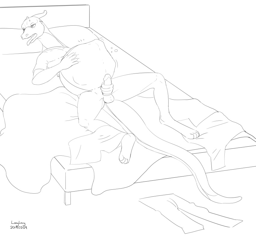 2018 anthro balls belly big_belly bottomless clothed clothing dragon erection hi_res inside levy_(longlevy) longlevy lying male male_pred masturbation monochrome on_back oral_vore penile_masturbation penis reptile scalie signature simple_background sketch solo tongue tongue_out vore white_background