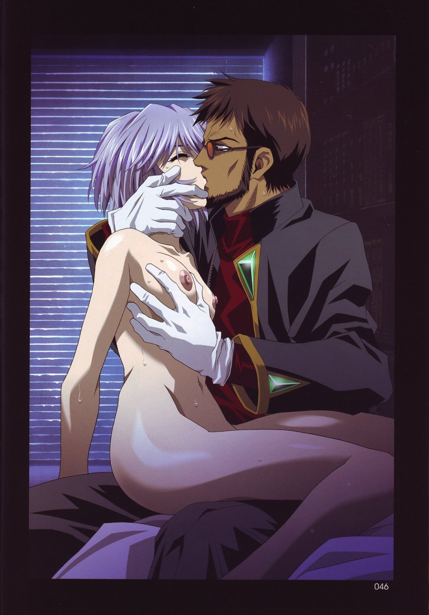 bed blue_hair breast_squeeze breasts clothed_male_nude_female clothing gendo_ikari glasses hair highres kawarajima_kou kissing lap_sitting medium_breasts neon_genesis_evangelion nude rei_ayanami short_hair sitting sitting_on_lap sitting_on_person straight_hair sweat