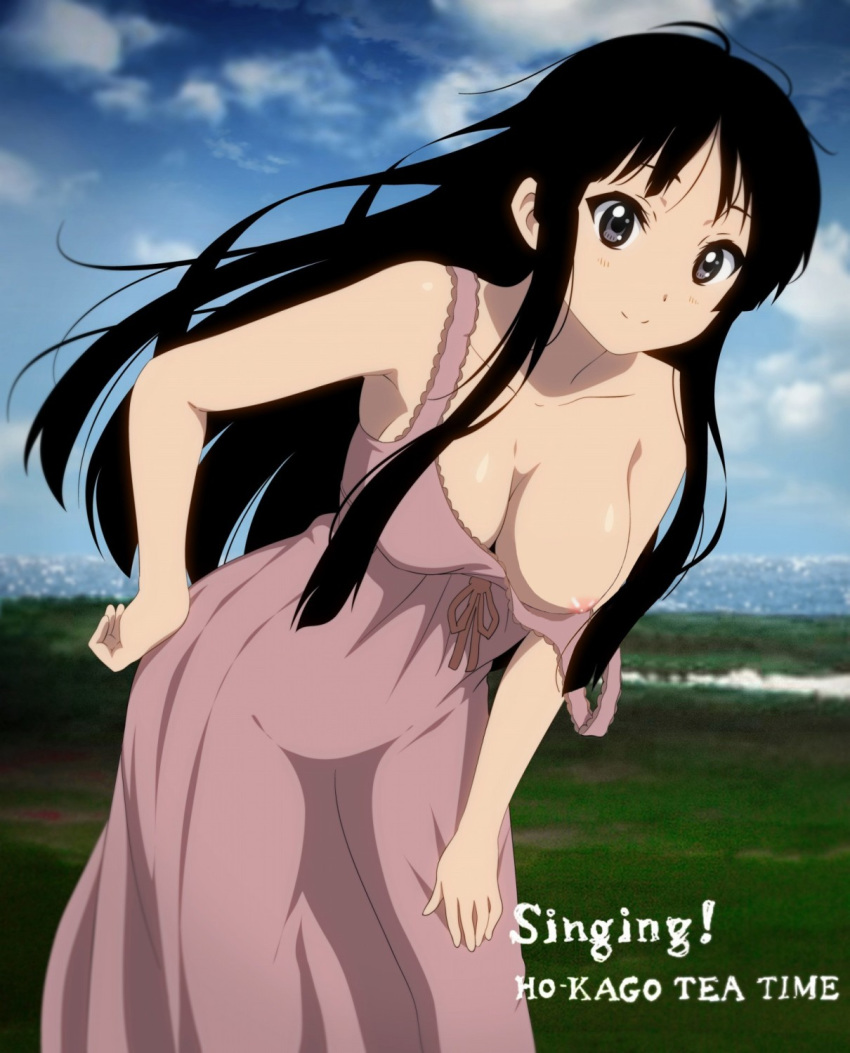 absurdres black_hair blue_sky breasts cloud dress female female_only field grass grey_eyes hand_on_hip hand_on_thigh hips horiguchi_yukiko human k-on! large_breasts leaning_forward looking_at_viewer mio_akiyama_(k-on!) nipple nude_filter ocean off_shoulder official_style photo_background photoshop seaside singing! sky sleeveless sleeveless_dress solo strap_slip sundress