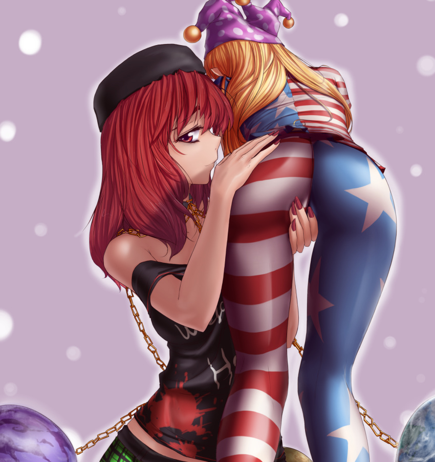 2girls american_flag american_flag_legwear american_flag_shirt ass ass_grab bare_shoulders blonde_hair chains clothes_writing clothing clownpiece cute derivative_work dress earth_(ornament) female fingering fingering_through_clothes gradient_background hat hater_(hatater) hecatia_lapislazuli highres jester_cap kneepits long_hair multiple_girls off-shoulder_shirt pantyhose pointy_ears red_eyes red_hair shirt simple_background smile through_clothes touhou very_long_hair yuri