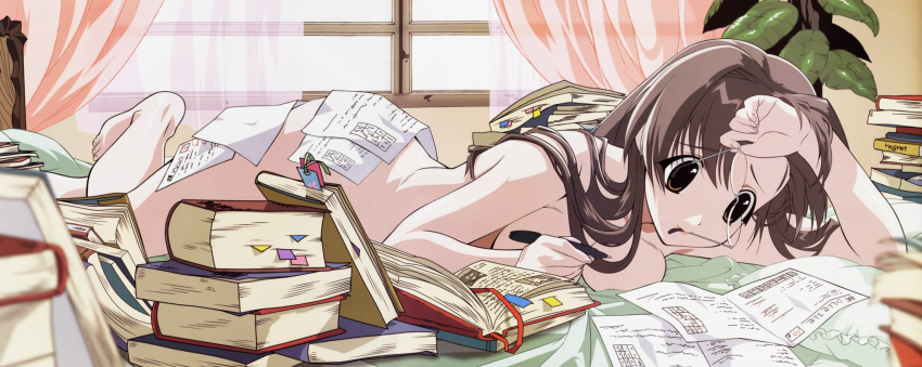 1girls bed book bookmark breasts brown_eyes brown_hair cleavage female glasses happy_lesson highres ichimonji_mutsuki long_hair lying mouth_hold mutsuki_ichimonji nude on_stomach paper pen plant solo studying window