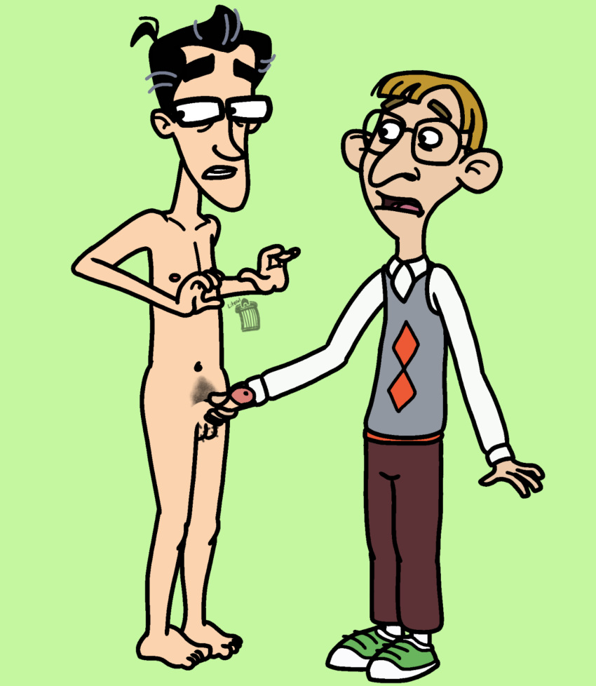 2boys artist_logo average_sized_penis black_hair brown_pants clothed_male_nude_male cmnm dirty_blonde_hair erect_penis erection fugget_about_it gay glasses green_background hairy_balls handjob holding_penis looking_at_partner looking_to_the_side male male_only masturbating_other penis petey_falcone petey_mcdougall pubic_hair retracted_foreskin stroking_cock sweater_vest tagme yaoi