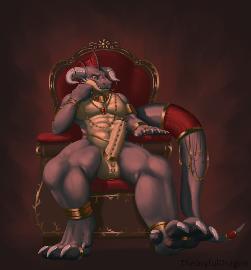 amulet anthro arhan balls chair clothing digit_ring dragon feet foreskin furniture gem genital_piercing genitals hi_res jewelry loincloth male male_only necklace paws penis penis_piercing piercing prince_albert_piercing ring solo thejoyfuldragon throne toe_ring uncut