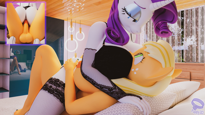 16:9 3d 3d_(artwork) anthro anthrofied applejack_(mlp) bed big_breasts bra breasts cleavage clothed clothing digital_media_(artwork) duo equid equine female female_on_top female_penetrated friendship_is_magic furniture furry futanari hasbro head_in_cleavage hi_res horn intersex intersex/female intersex_on_bottom intersex_penetrating intersex_penetrating_female legwear lingerie mammal my_little_pony nude on_bottom on_top penetration pillow puppy3d rarity_(mlp) straight_hair thigh_highs underwear unicorn widescreen