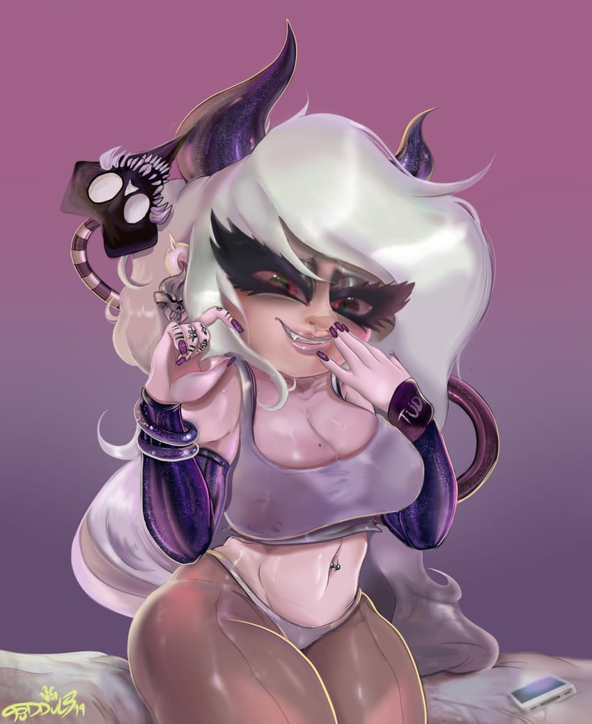 bathory_(tudduls) belly_piercing big_breasts big_lips breasts demon demon_girl eyelashes female horns huge_breasts large_breasts lashes long_hair purple_nails red_eyes smirk smirking smirking_at_viewer tagme tail thick_thighs tudduls white_hair