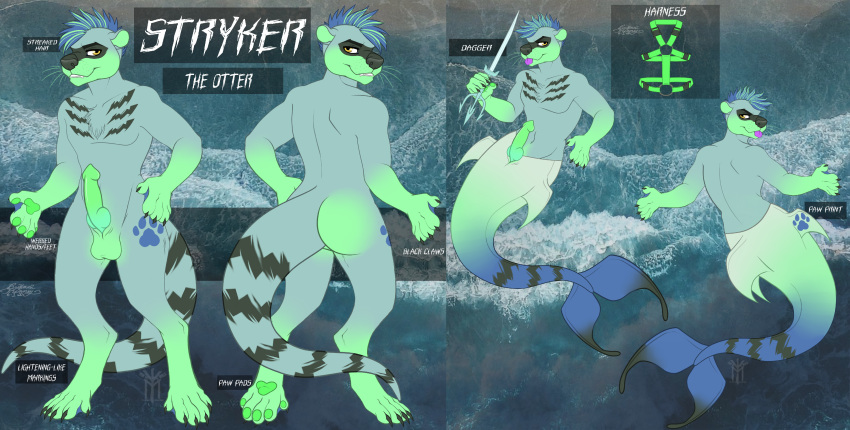 1boy absurd_res anthro balls dagger english_text fish genitals hi_res lutrine male male_only mammal marine melee_weapon merfolk merman model_sheet motomo mustelid nude otterjunk penis rudder sea solo stryker text thehuntingwolf water weapon