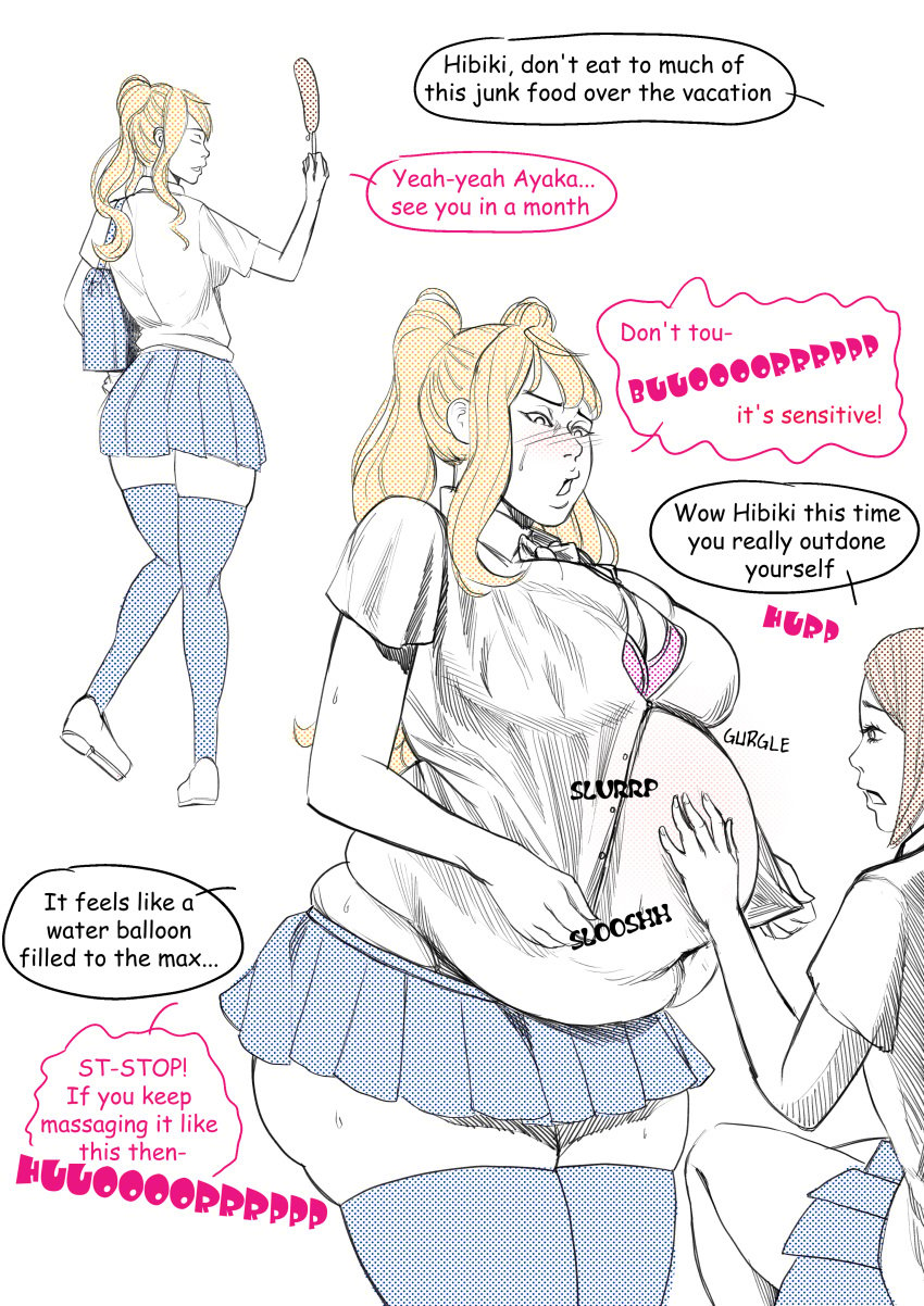 2girls ayaka_uehara_(dumbbell_nan_kilo_moteru?) big_belly big_breasts blonde_hair blush bra burping dumbbell_nan_kilo_moteru? fatpandabutt partially_colored pigtails sakura_hibiki_(dumbbell_nan_kilo_moteru?) school_uniform skirt stomach_noises sweating thick_thighs unbuttoned_shirt weight_gain white_background