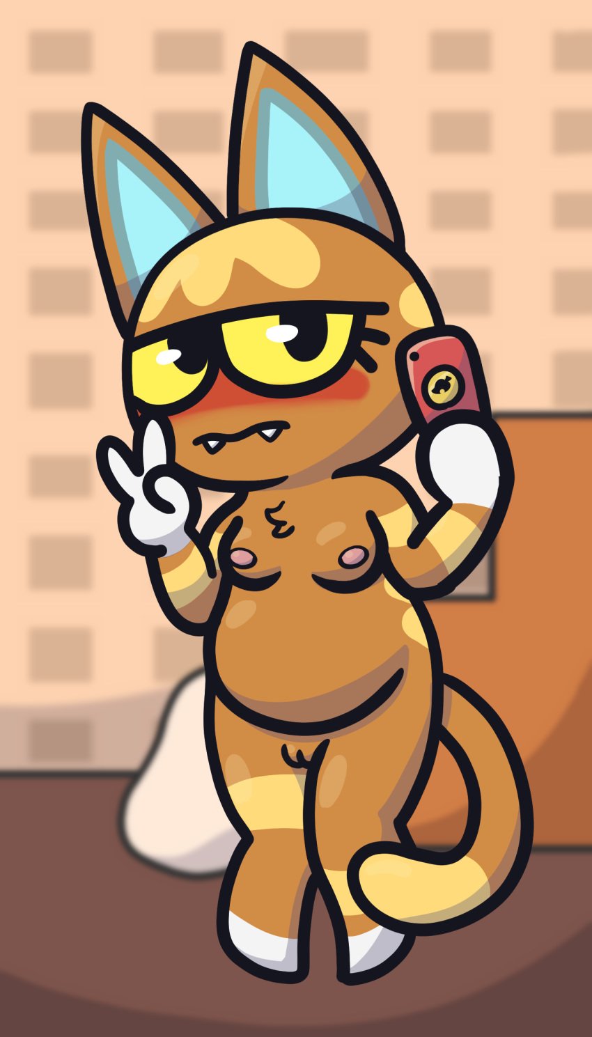 absurd_res animal_crossing anthro blurred_background breasts cellphone domestic_cat felid feline felis female genitals hi_res katt_(animal_crossing) mammal maskedfurry mirror_selfie nintendo phone pussy selfie slightly_chubby solo video_games