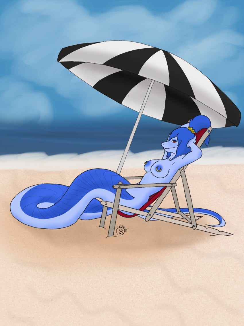 3:4 anthro beach blue_body blue_hair blue_skin breasts female hair hi_res jecca_qua looking_at_viewer naga nipple_piercing nipple_ring nipples non-mammal_breasts nude piercing ponytail red_eyes reptile scalie seaside serpentine sitting skellabones snake solo umbrella