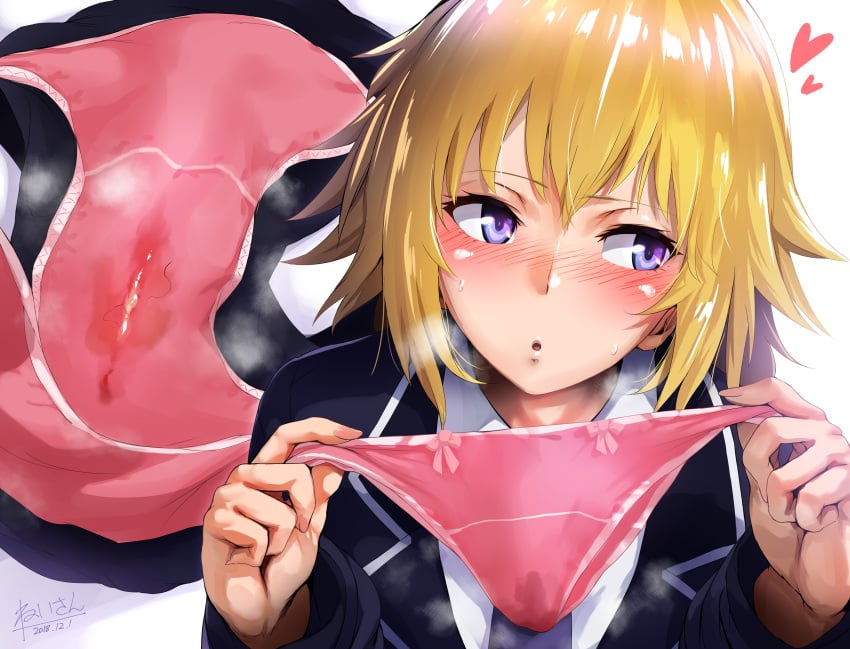 1girls 2018 :o absurdres artist_name artist_signature blonde_hair blush fate/apocrypha fate/grand_order fate_(series) female female_focus female_only grool heart hero_neisan high_resolution highres jeanne_d'arc_(fate) looking_aside panties panties_removed pink_panties presenting presenting_panties pubic_hair purple_eyes signature simple_background smell stained_panties stained_pantsu stray_pubic_hair white_background