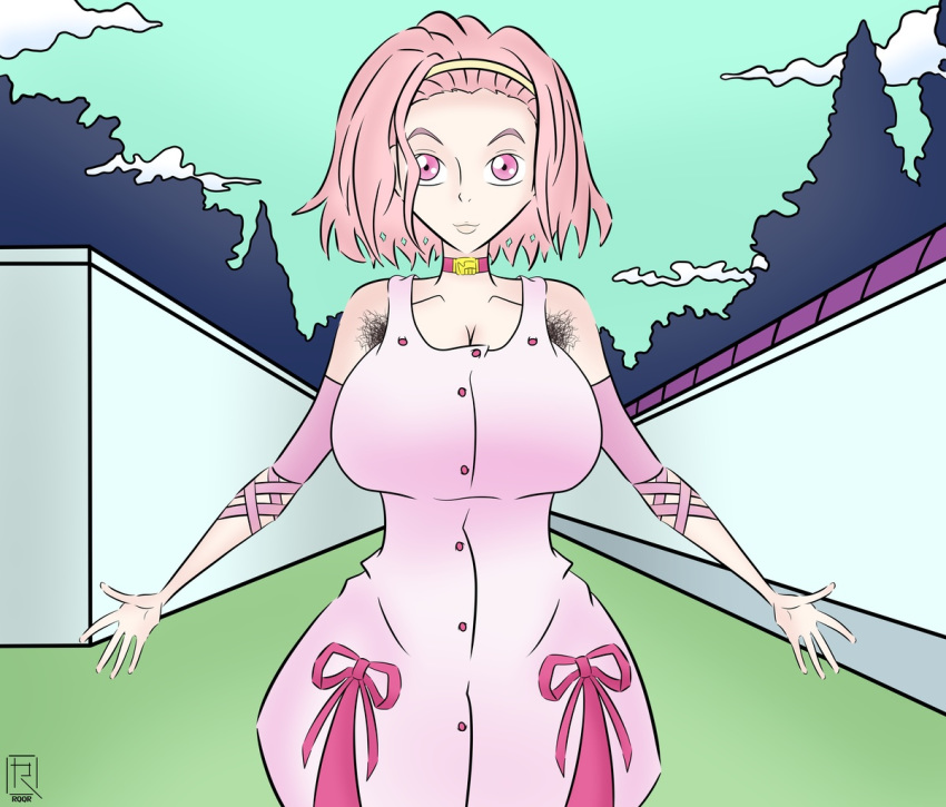 1girls alternate_breast_size armpit_hair big_breasts diamond_is_unbreakable female female_only hairy_armpits jojo's_bizarre_adventure pink_eyes pink_hair reimi_sugimoto rqqr solo