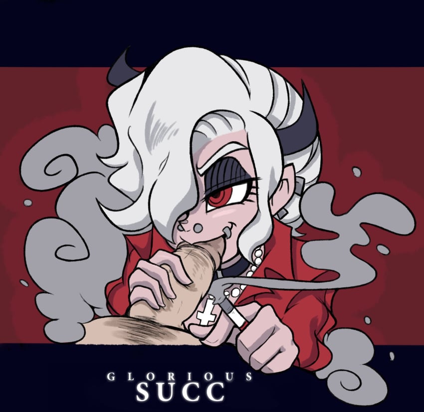 1boy 1girls cigarette clothed_female_nude_male demon demon_girl demon_horns drillslewds fellatio glorious_success helltaker oral red_eyes white_hair zdrada_(helltaker)