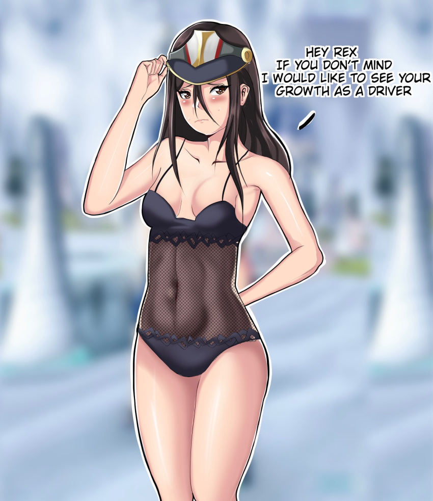 1girls black_hair blush embarrassed lepypepy long_hair morag_ladair_(xenoblade) nintendo solo standing swimsuit text xenoblade_(series) xenoblade_chronicles_2