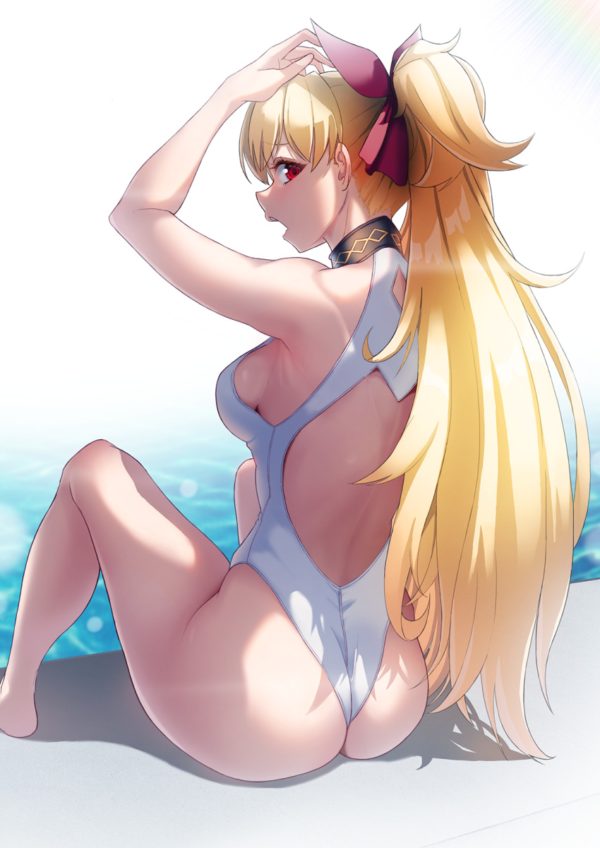 1girls alternative_hairstyle ass back back_cutout bangs bare_arms bare_legs bare_shoulders bent_knees blonde_hair blush breasts competition_swimsuit day ereshkigal_(fate) eyebrows_visible_through_hair fate/grand_order fate_(series) female female_ass from_behind hair_up happymonk high_resolution highleg highleg_swimsuit kneeling legs long_hair looking_at_viewer looking_back one-piece_swimsuit one_arm_up open_mouth outdoors pixiv_id_33076135 ponytail pool poolside red_eyes sideboob sitting solar_(happymonk) solo swimsuit thighs thong thong_swimsuit tied_hair two_side_up very_long_hair water wedgie