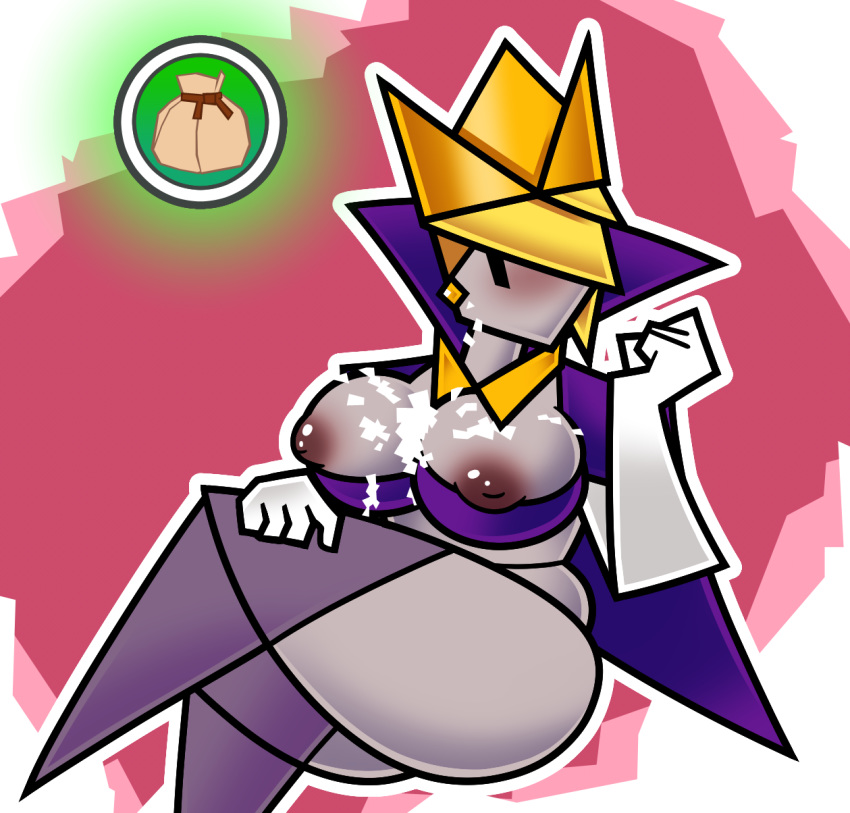 2020 accessory big_ass big_breasts blonde_hair blush crown cum_on_breasts cum_on_face female gajinka genderswap genderswap_(mtf) gloves grey_skin headgear humanization mario_(series) no_bra olly_(paper_mario) only_female paper paper_mario paper_mario:_the_origami_king papercraft rule_63 short_hair simple_background simple_eyes sloottereo