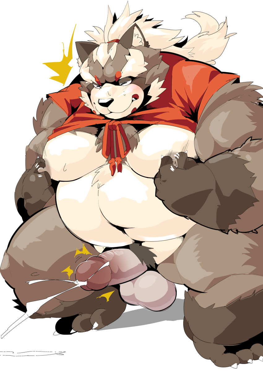 absurd_res anthro balls belly bodily_fluids canid canine cum erection genital_fluids genitals goemon_(tas) hair hi_res long_hair male male_only mammal navel nipple_fetish nipple_play nipples overweight overweight_male penis ponytail raccoon_dog solo takotyutyu tanuki tokyo_afterschool_summoners video_games