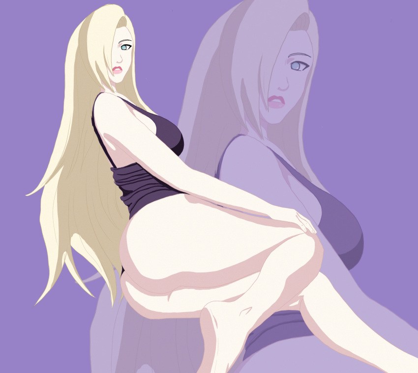 1girls ass barefoot bent_knee blonde_hair blue_eyes breasts feet female female_only hair_over_one_eye ino_yamanaka lipstick long_hair looking_at_viewer lostillustratorr lying makeup naruto naruto:_the_last naruto_(series) on_side panties pink_lips purple_background simple_background sitting soles solo tank_top zoom_layer